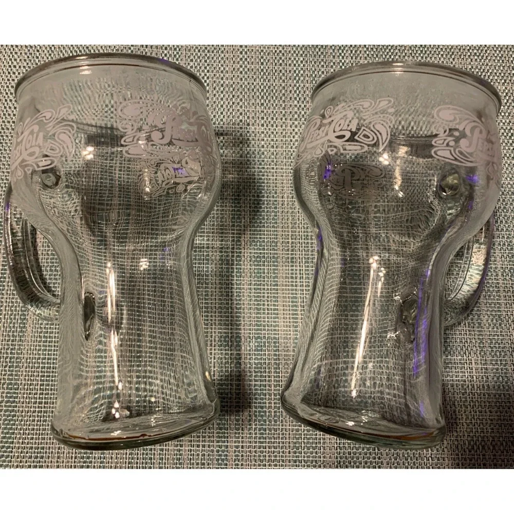 Vintage Set Of (2) 1970's Pepsi Cola 16 Ounce Handled Mug Glass Embossed Logo